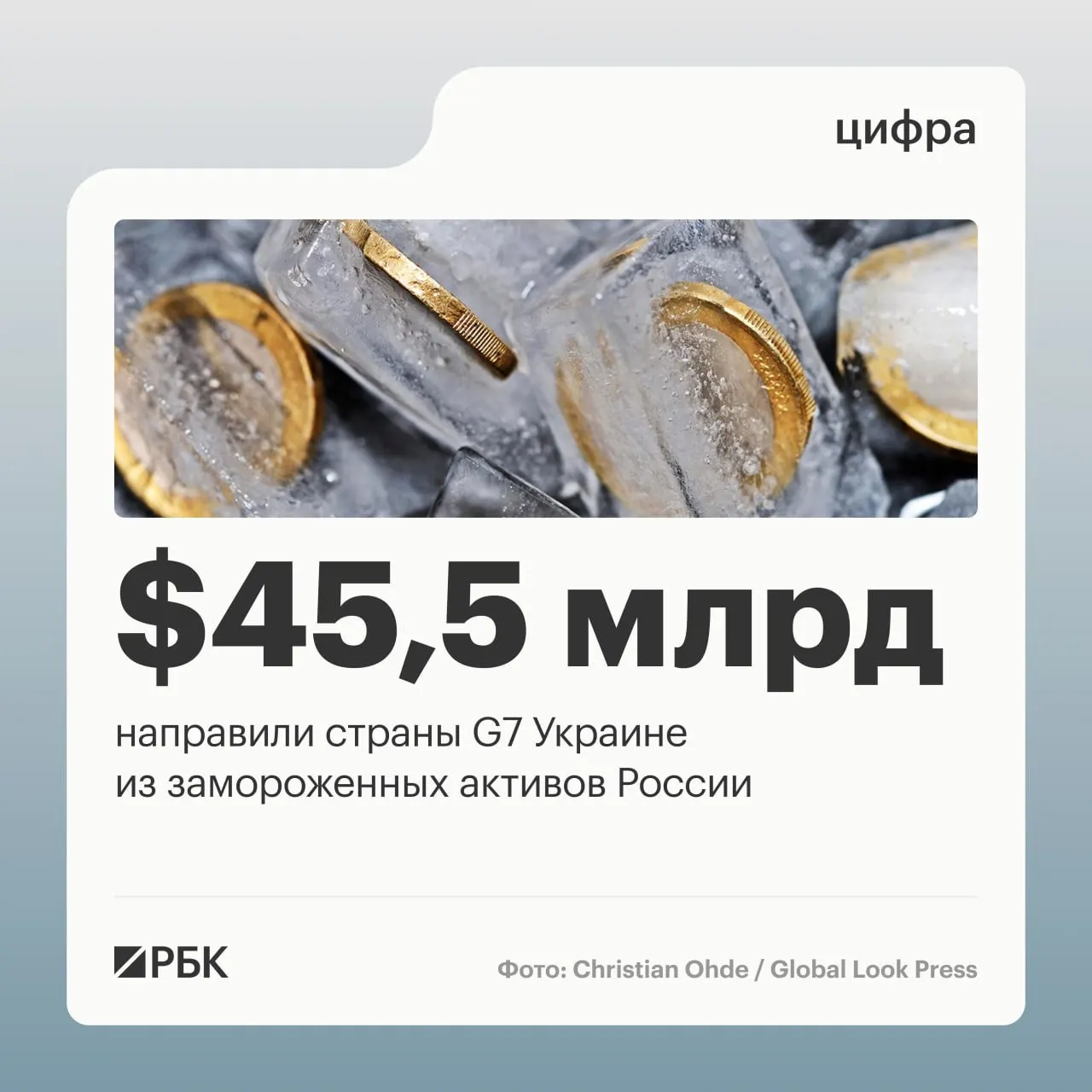 Минфин Украины сообщает, что страны «Большой семёрки» направили Киеву более $45 млрд кредитов, финансирование происходило за счёт доходов от замороженных российских активов. До начала военной операции объём суверенных активов РФ оценивался примерно в $300 млрд.