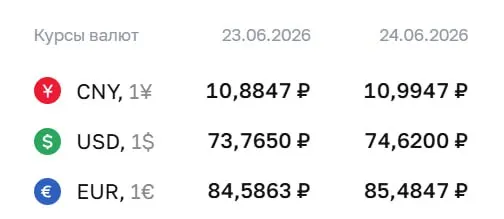 Официальный курс Центробанка на 24 июня: доллар — 74,62 ₽, евро — 85,48 ₽, юань — 10,99 ₽. По курсу ЦБ проходят расчеты по облигациям и фьючерсам на валюты.