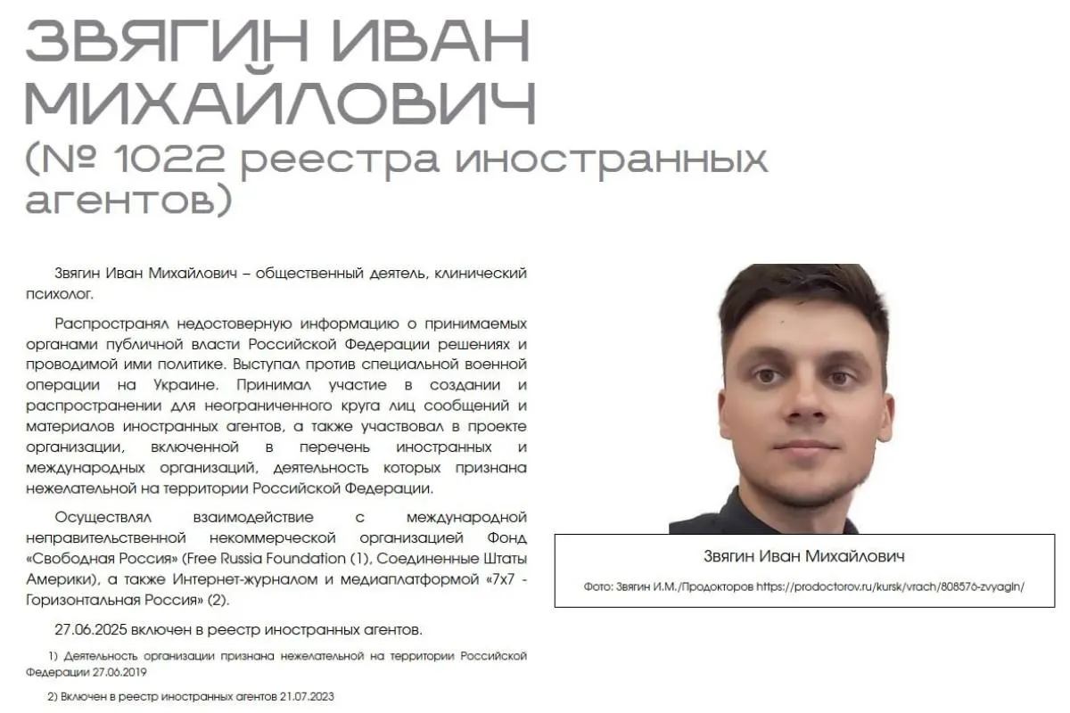 Звягин требует признать публикацию ведомства унижающей достоинство и дискриминирующей по профессиональному признаку после появления раздела с «выставкой» о лицах, признанных иностранными агентами.
