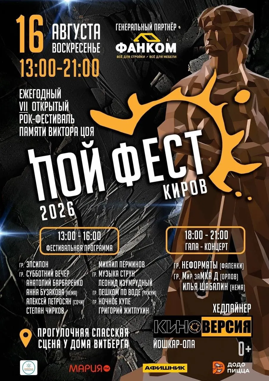 Ежегодный фестиваль памяти Виктора Цоя пройдет в Кирове 16 августа с 13:00 до 21:00 на пешеходной Спасской, у дома Витберга.