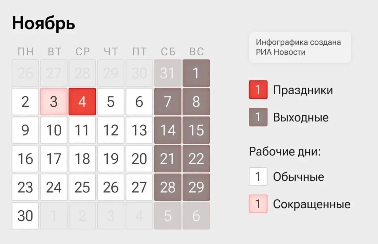 Четырехдневная рабочая неделя в начале ноября: рабочие дни 2–3 и 5–6 ноября, выходной 4 ноября.